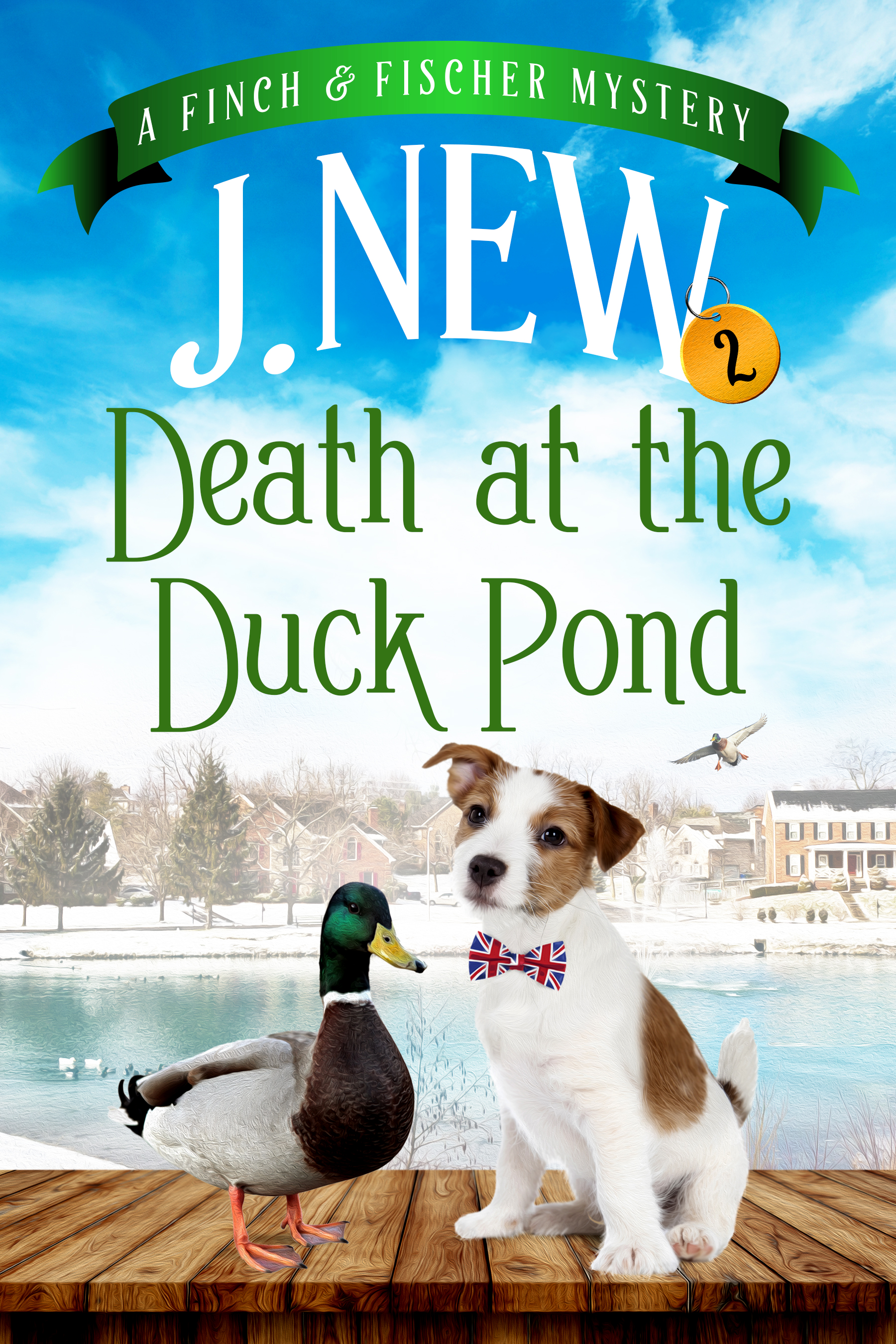 Death at the Duck Pond, the second book in the fun filled British cozy mystery series by J. New featuring mobile librarian Penny Finch and her rescued Jack Russell Terrier Fischer