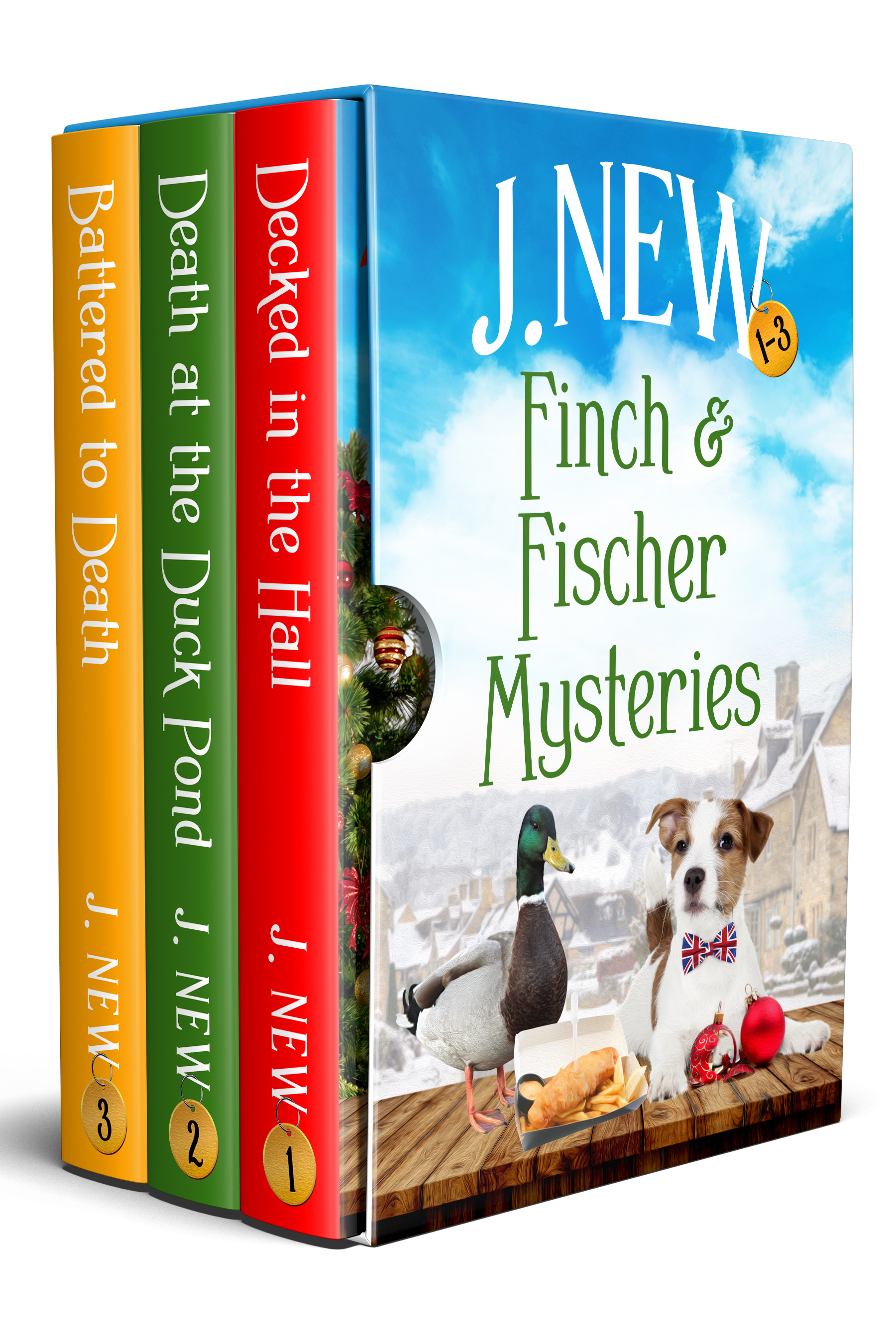 The first 3 books in the hugely poular Finch and Fischer British cozy mystery series by British Author J. New