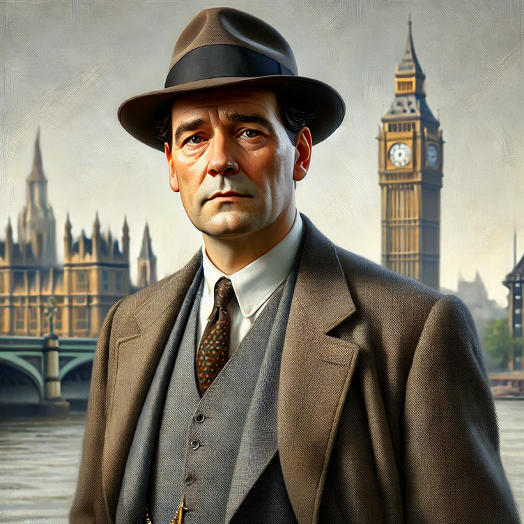 England 1930s Detective Sergeant Baxter with Scotland Yard, former WW1 artist now partner to consultant Ella Bridges as featured in the hugely popular British Historical cozy mystery series, The Yellow Cottage Vintage Mysteries by author J. New, dubbed by fans as Miss Marple meets The Ghost Whisperer