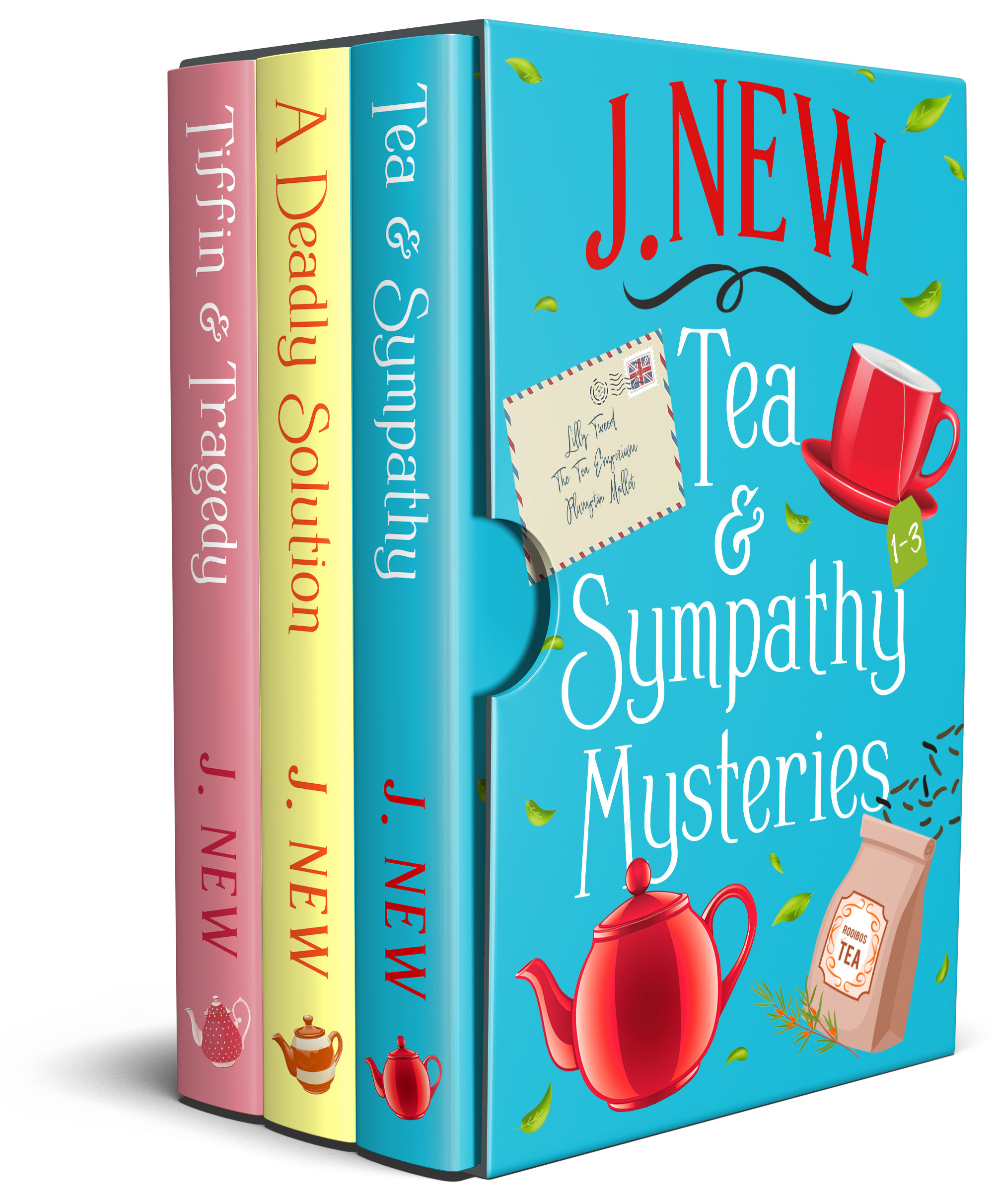 The first three books in the popular British cozy culinary mystery series Tea and Sympathy by author J. New