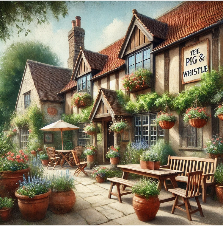 The rear beer garden of The Pig & Fiddle pub.