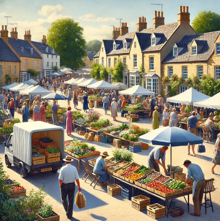 Market day in the small northern town of Plumpton Mallet as featured in the hugely popular Tea and Sympathy British cozy culinary mystery series by British author J. New